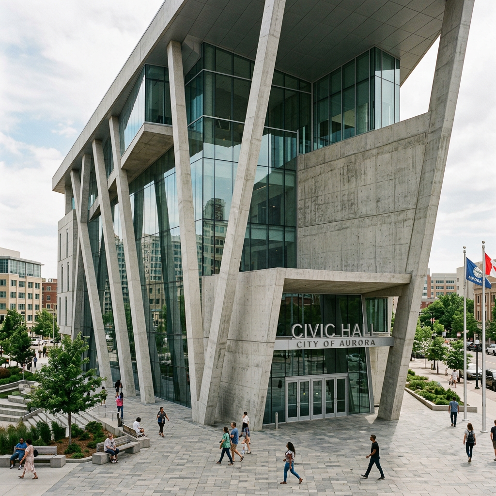 Modern Civic Hall building with large glass windows and angled concrete supports in Aurora
