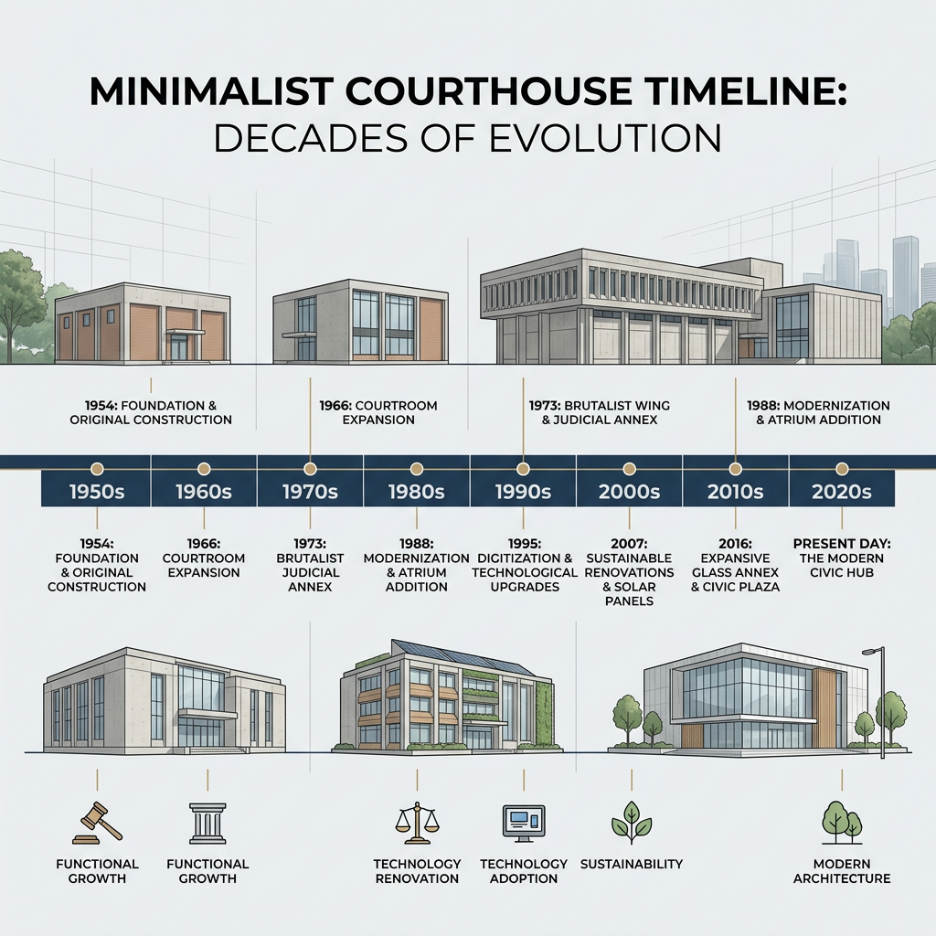 Timeline of minimalist courthouse evolution from 1954 foundation to 2020s modern civic hub with architectural illustrations