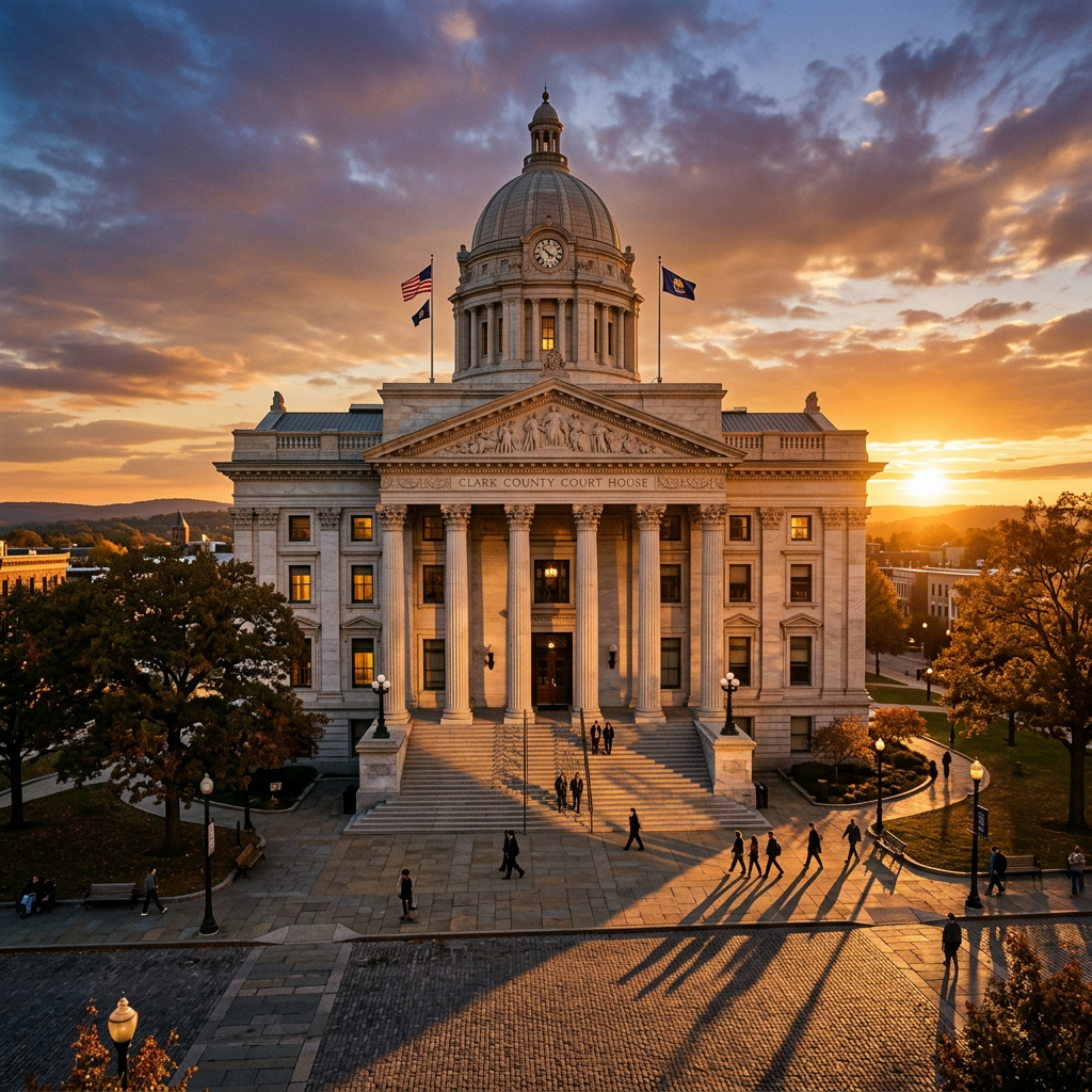 Clark County Courthouse with columns and dome at sunset and people casting long shadows