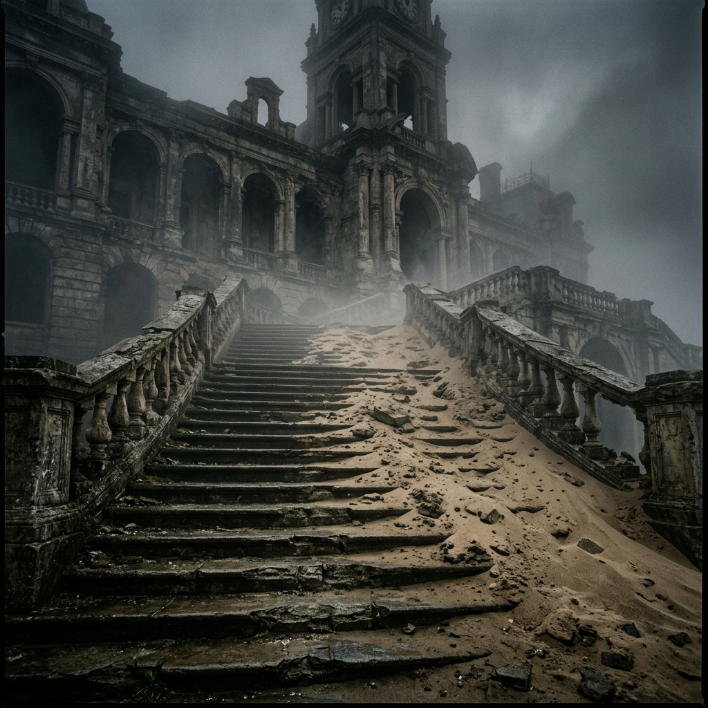 Worn stone staircase covered in sand leading to a large abandoned mansion in fog
