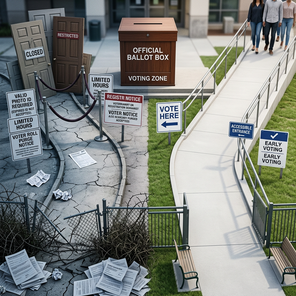 Two divided paths to an official ballot box, one accessible with clear signage and the other blocked with restricted signs and barriers