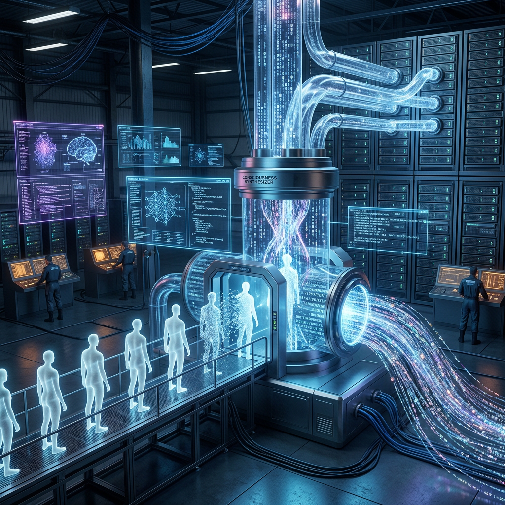 Digital human silhouettes entering a consciousness synthesizer machine in a high-tech lab