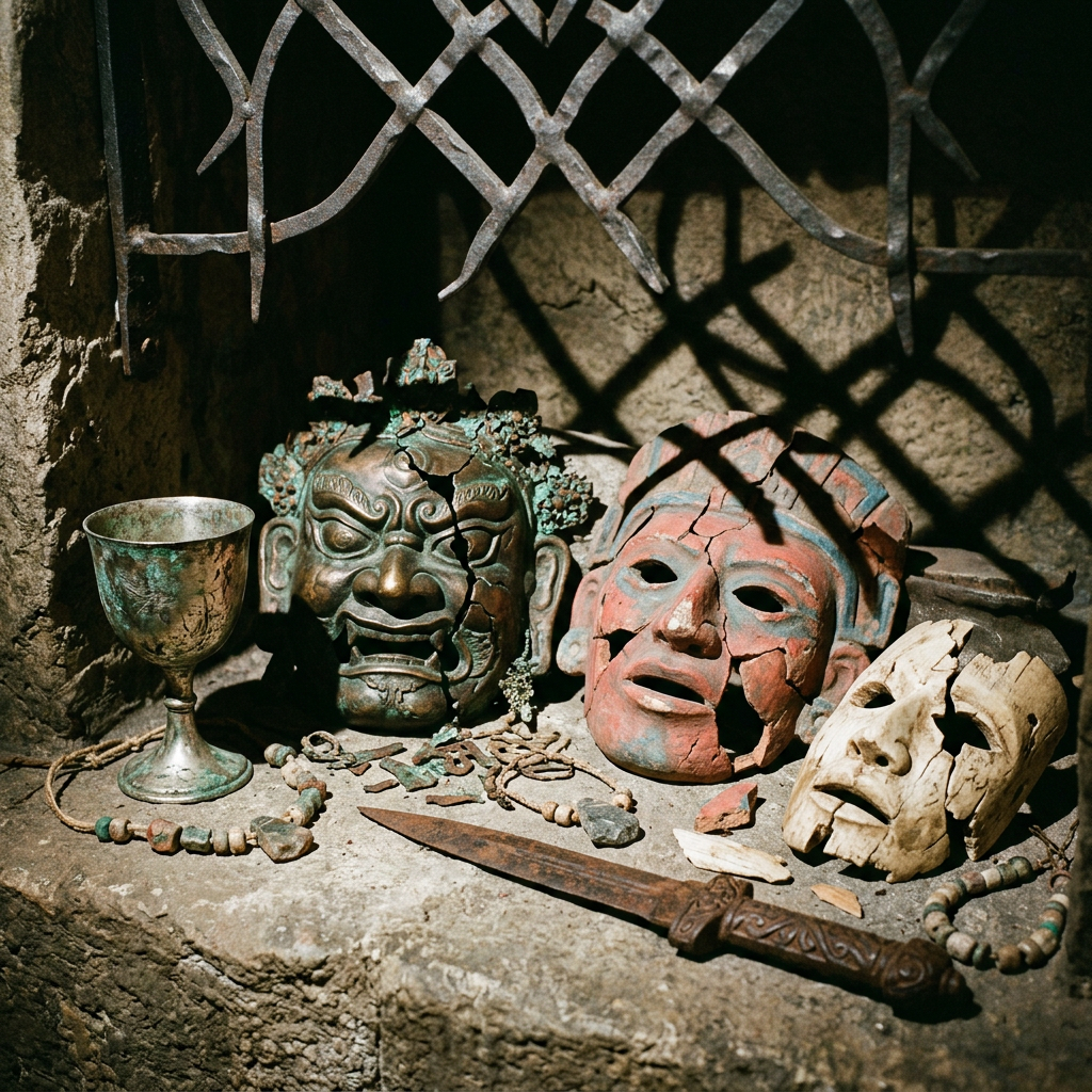 Three cracked ceremonial masks, metal goblet, ancient knife and beads on stone
