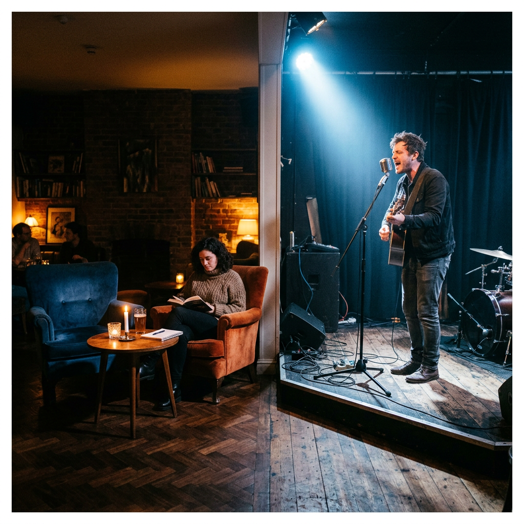 Man singing and playing guitar on stage with woman reading in armchair