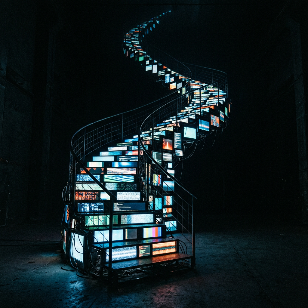 Spiral staircase composed of various lit digital screens displaying colorful static and images in a dark space