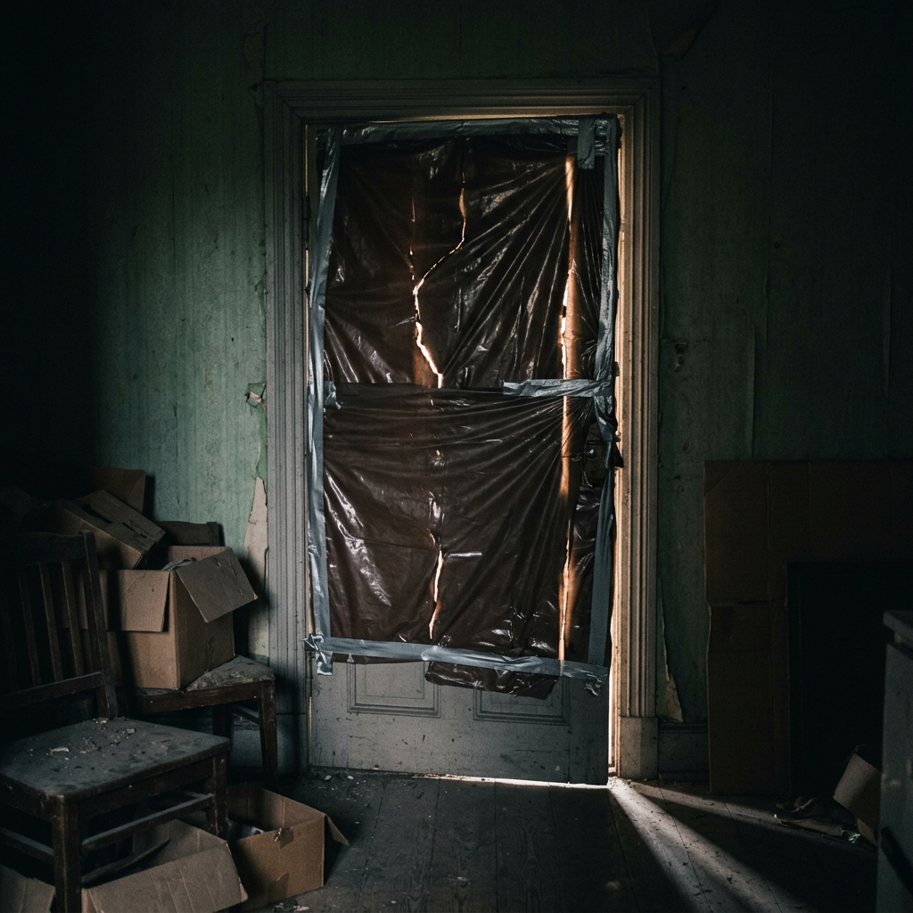 Door covered with torn plastic and duct tape in a dark, cluttered room
