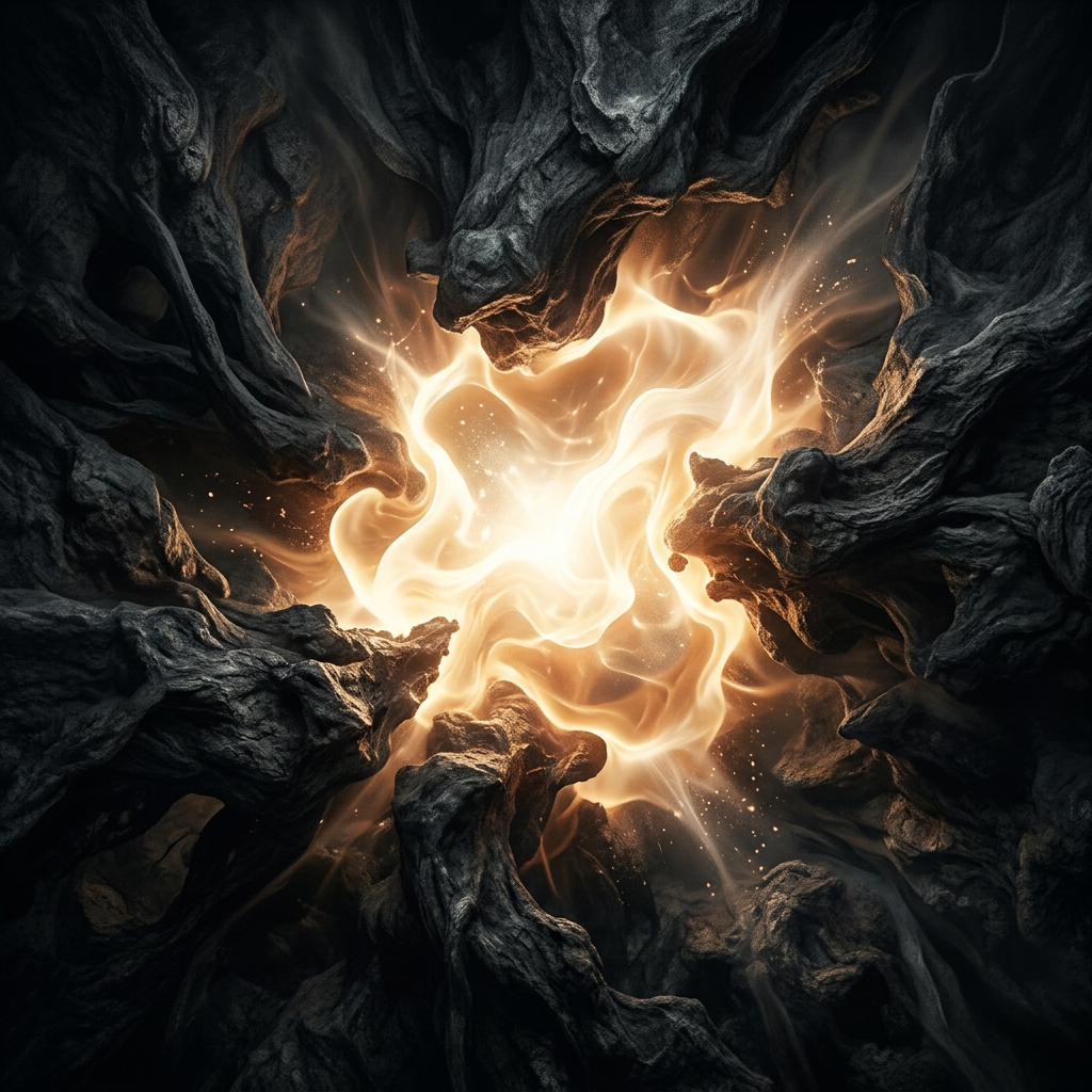 Glowing swirling flames illuminating twisted dark wood formations