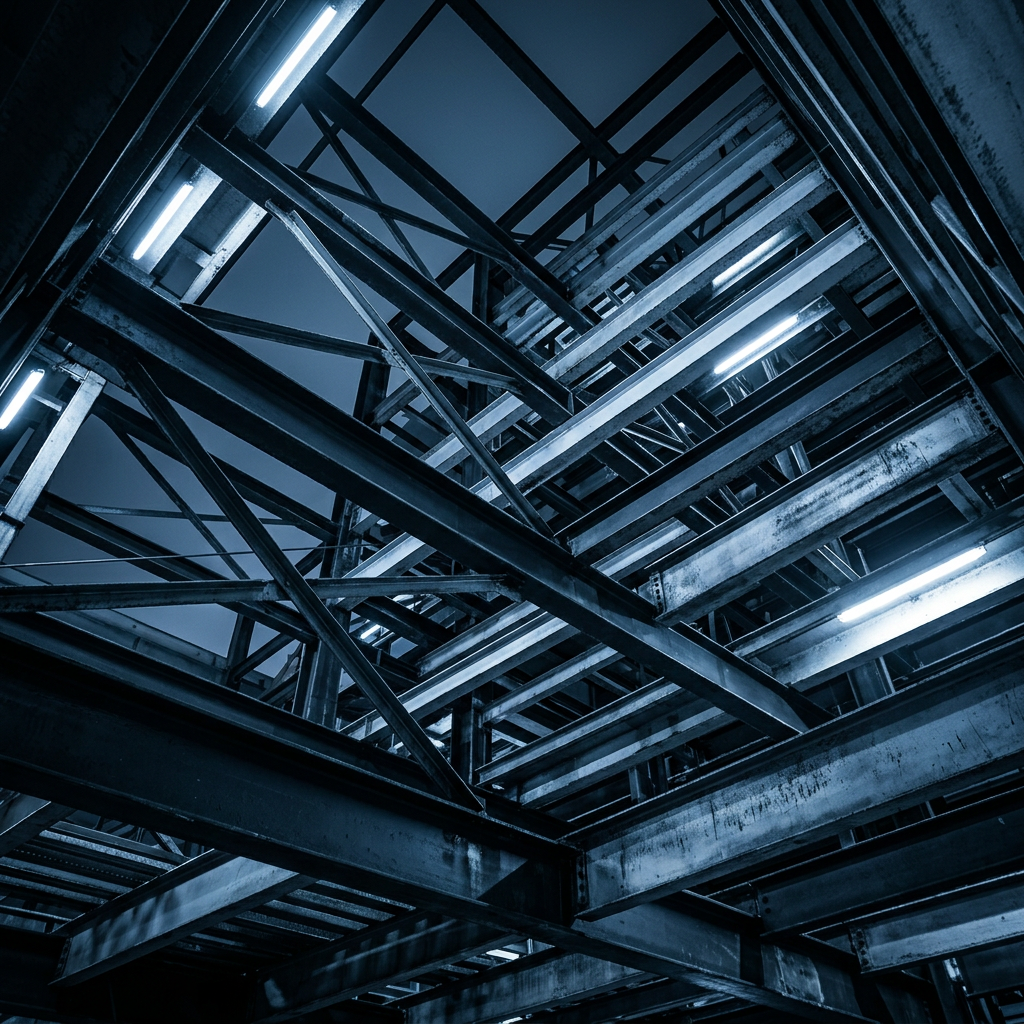 Complex network of intersecting steel beams with blue lights