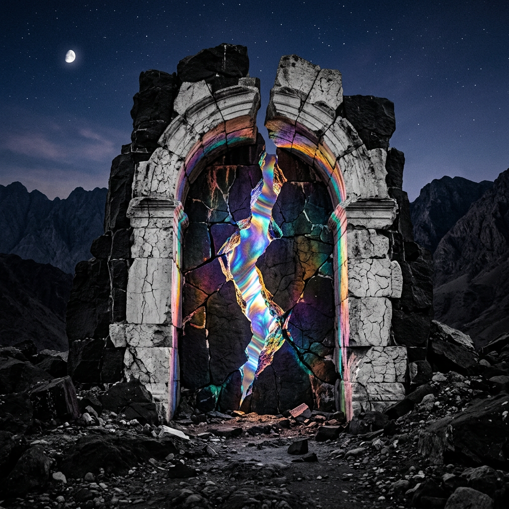 Ancient cracked stone archway glowing with vibrant light in dark mountainous area at night