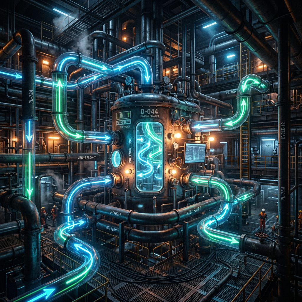 Industrial process reactor D-044 with glowing pipes showing fluid flow directions and pressure zone markings.
