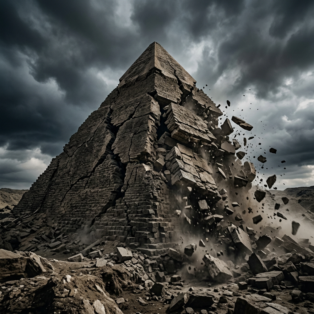 Ancient pyramid with large cracks collapsing and stones falling