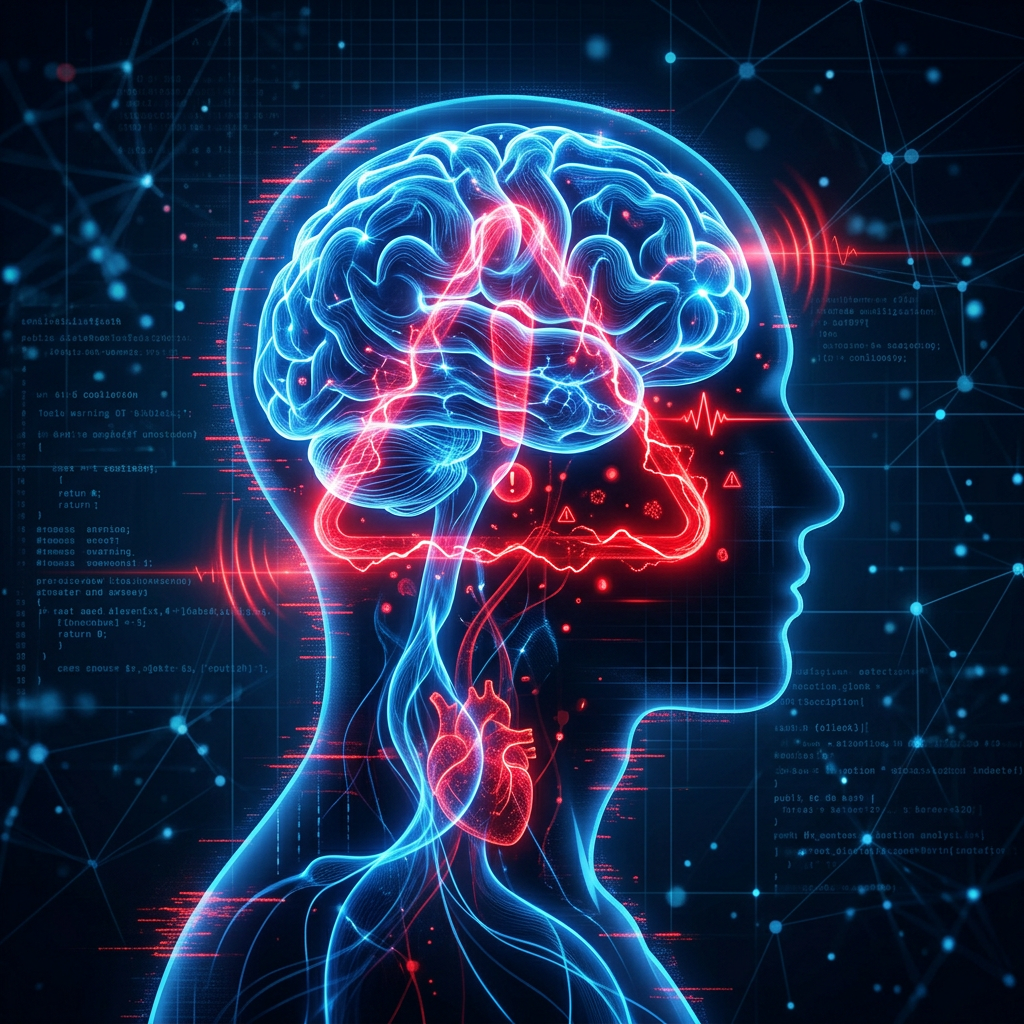 Human brain glowing with highlighted heart and neural connections