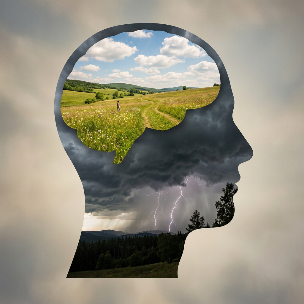 Silhouette of a human head with a green meadow and clear sky inside the brain area and dark storm clouds with lightning in the lower area