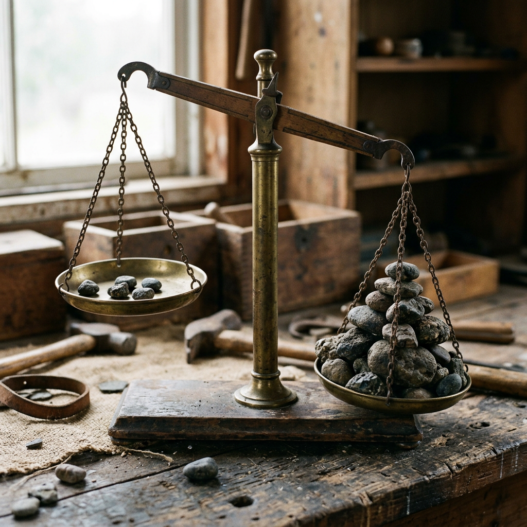 Antique balance scale with small rocks weighing unevenly on brass pans