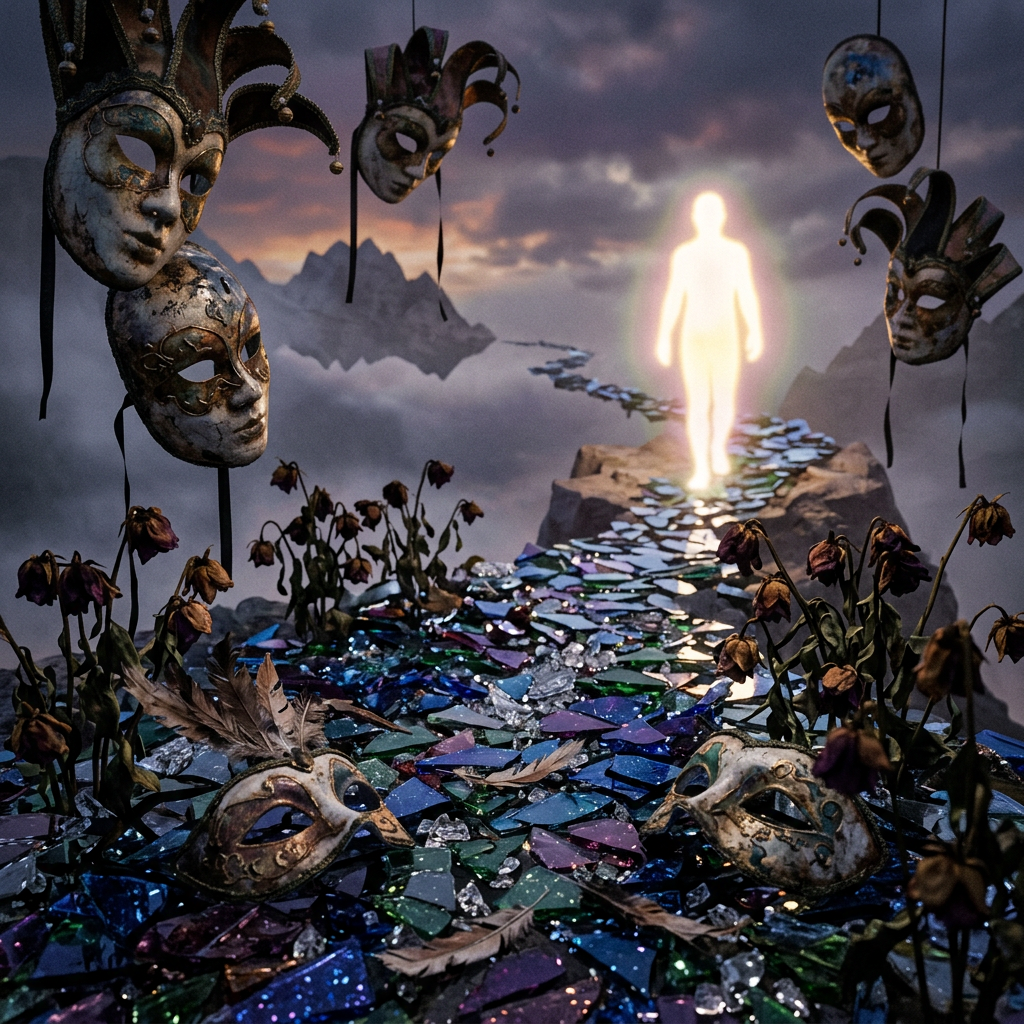 A glowing humanoid figure walking on a winding path made of colorful shattered glass, surrounded by hanging Venetian masks and wilted flowers under a moody sky.