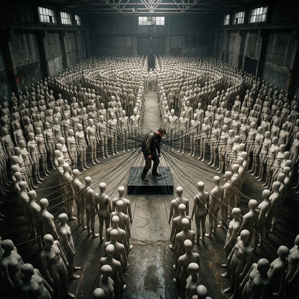A man standing on a platform entangled by black cords connecting to many surrounding mannequins in a large industrial space