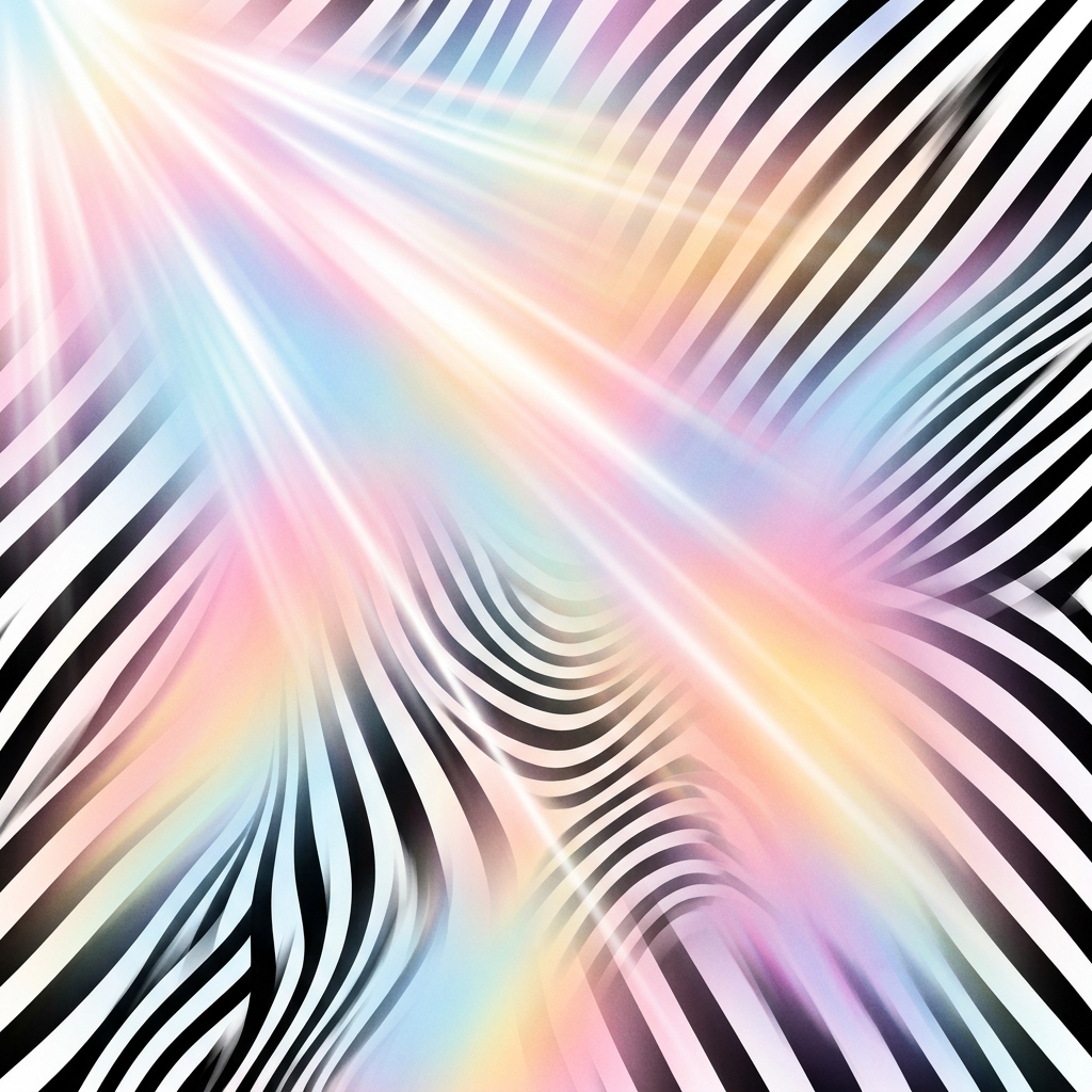Colorful light rays overlaying black and white curving stripes