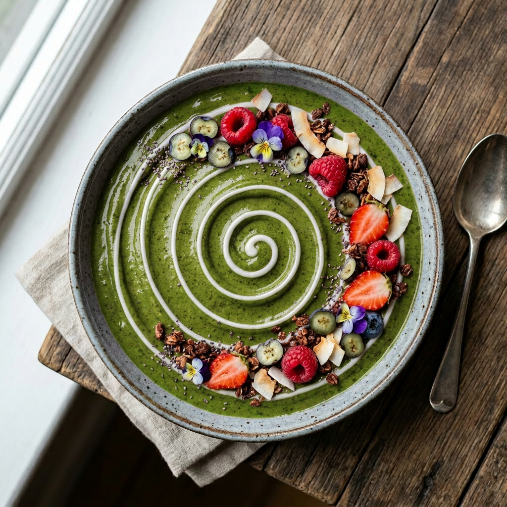 Purple acai smoothie bowl with strawberries, raspberries, blueberries, granola, coconut flakes, chia seeds, and edible flowers arranged in a spiral pattern