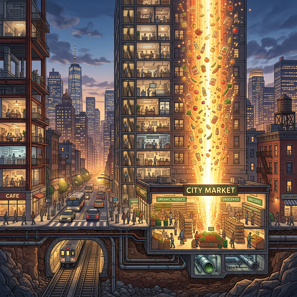 City market with glowing produce burst in a city setting at dusk with buildings and subway tunnel