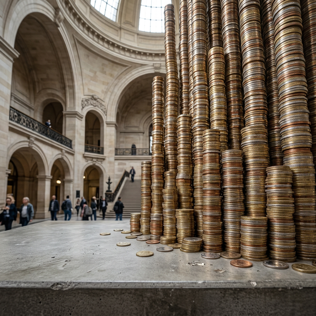 Tall columns of stacked coins sculpture in a museum interior with arched architecture