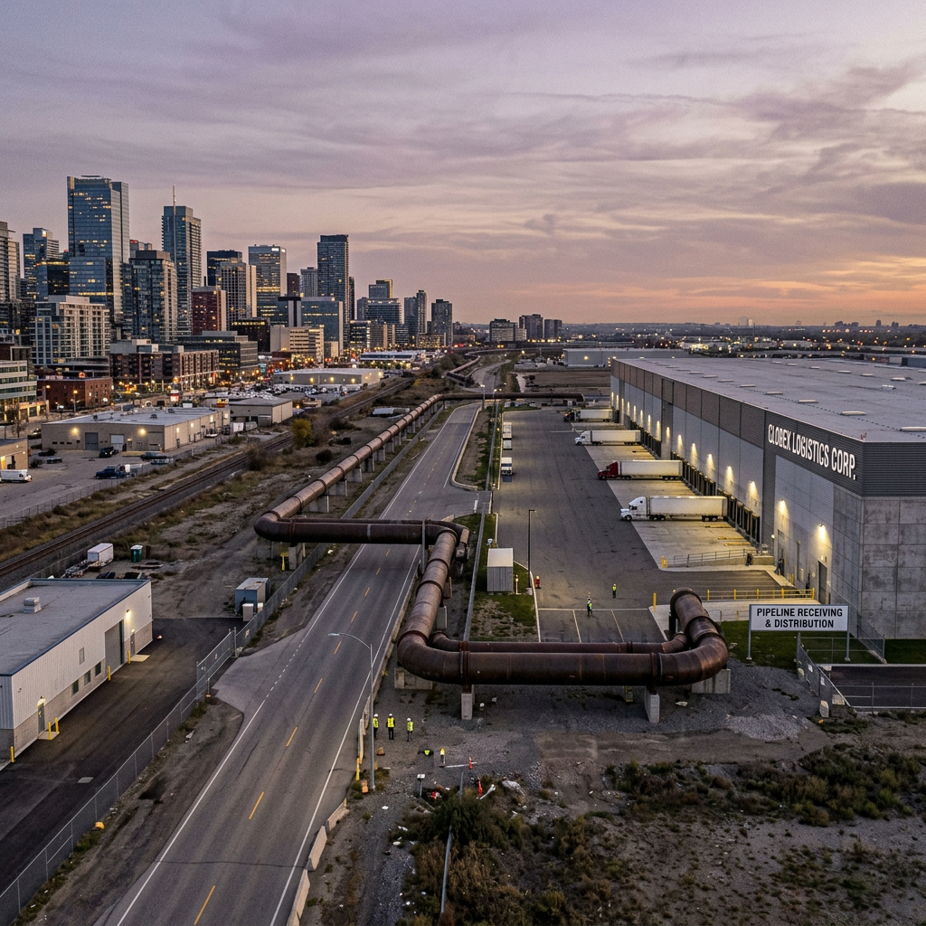 Logistics warehouse with multiple trucks parked at loading docks beside an urban road and city skyline