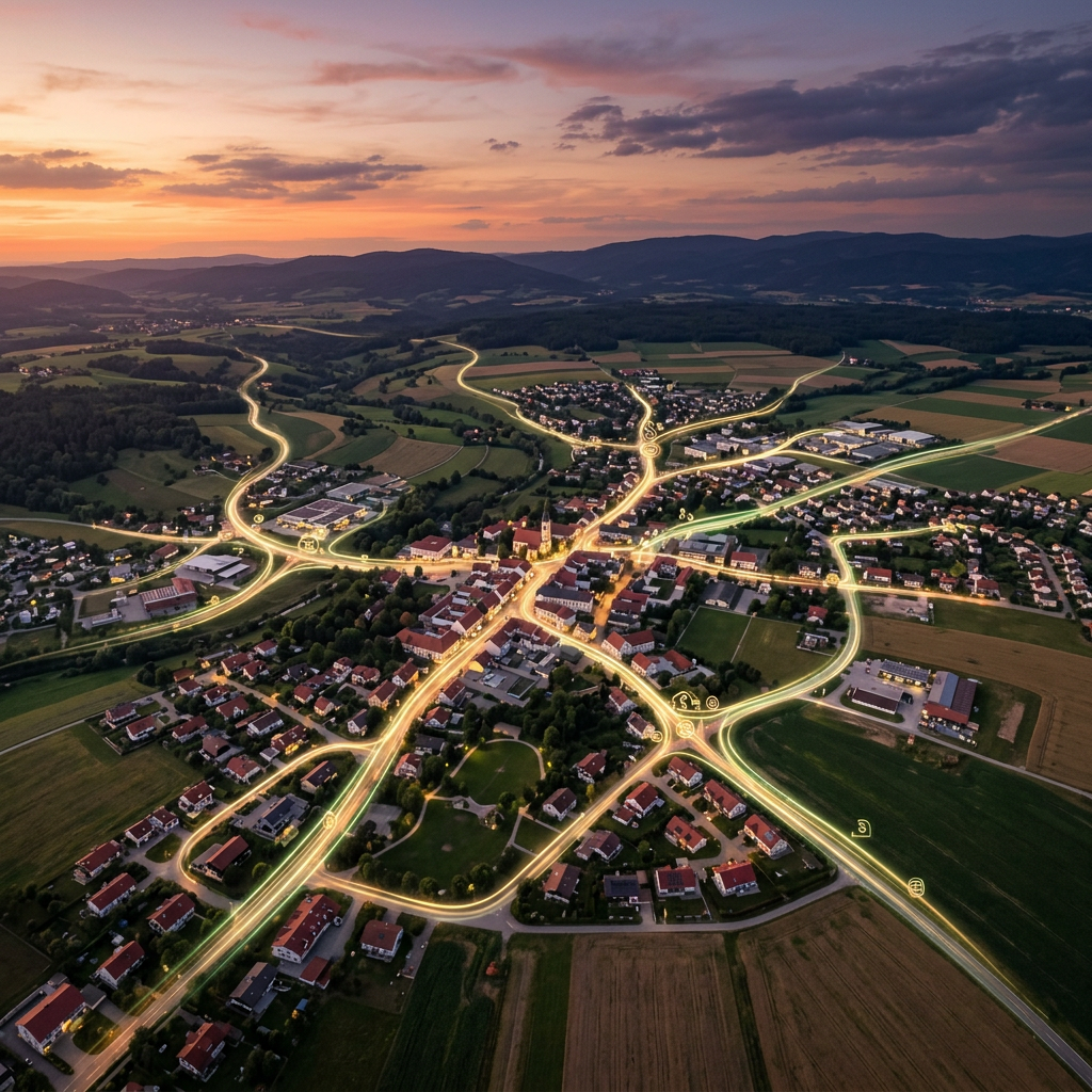 Aerial view of a rural town with illuminated roads and traffic flow pathways at sunset