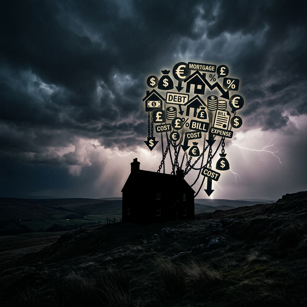 Silhouette of a house with financial icons representing debt, mortgage, bills, and costs connected above it under a stormy sky with lightning