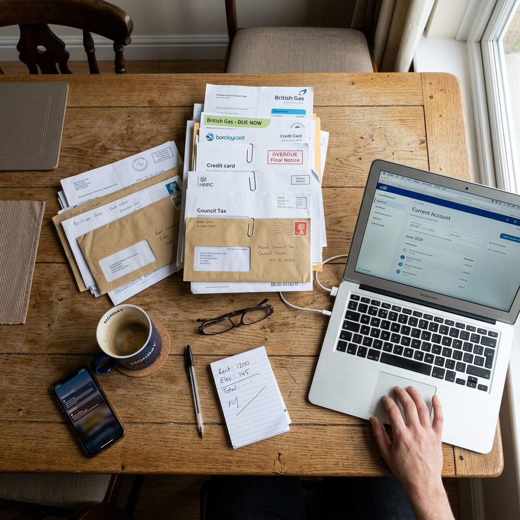 Person using laptop with bills and financial documents on wooden table