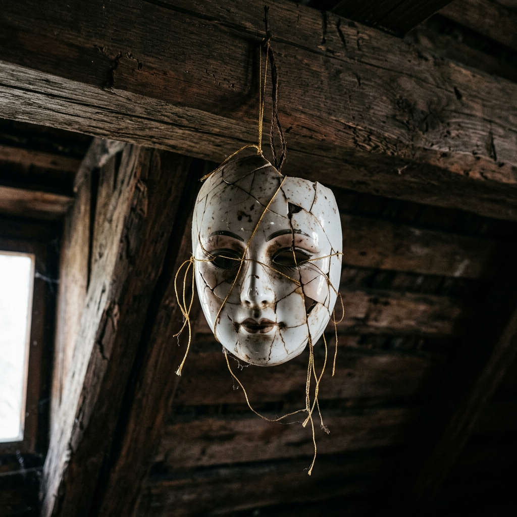 Cracked porcelain mask hanging by strings from wooden beam in attic
