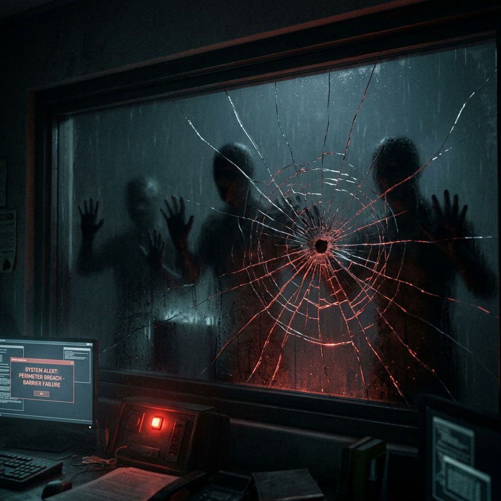 Broken window with cracks and silhouettes of three people pressing hands against glass during rain