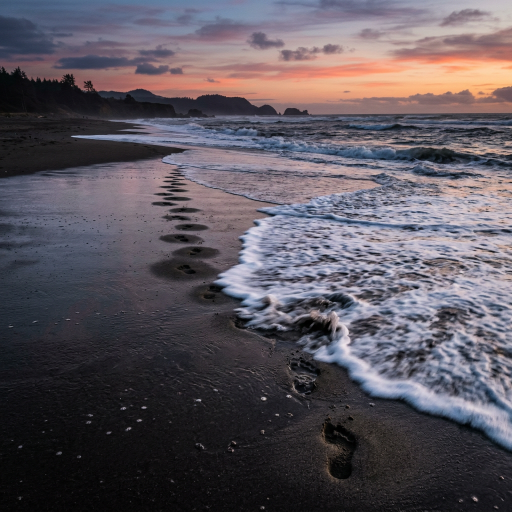 Footprints in wet sand along beach near ocean waves at sunset