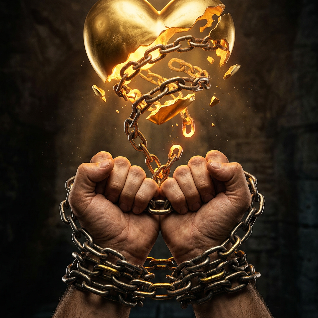 Hands wrapped in chains breaking free beneath a glowing shattered golden heart