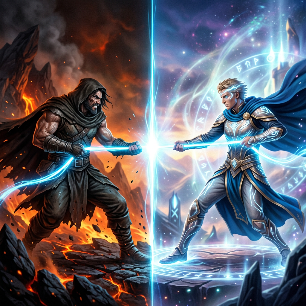 Two sorcerers, one with fire magic and one with light magic, engaged in a duel with glowing staffs.