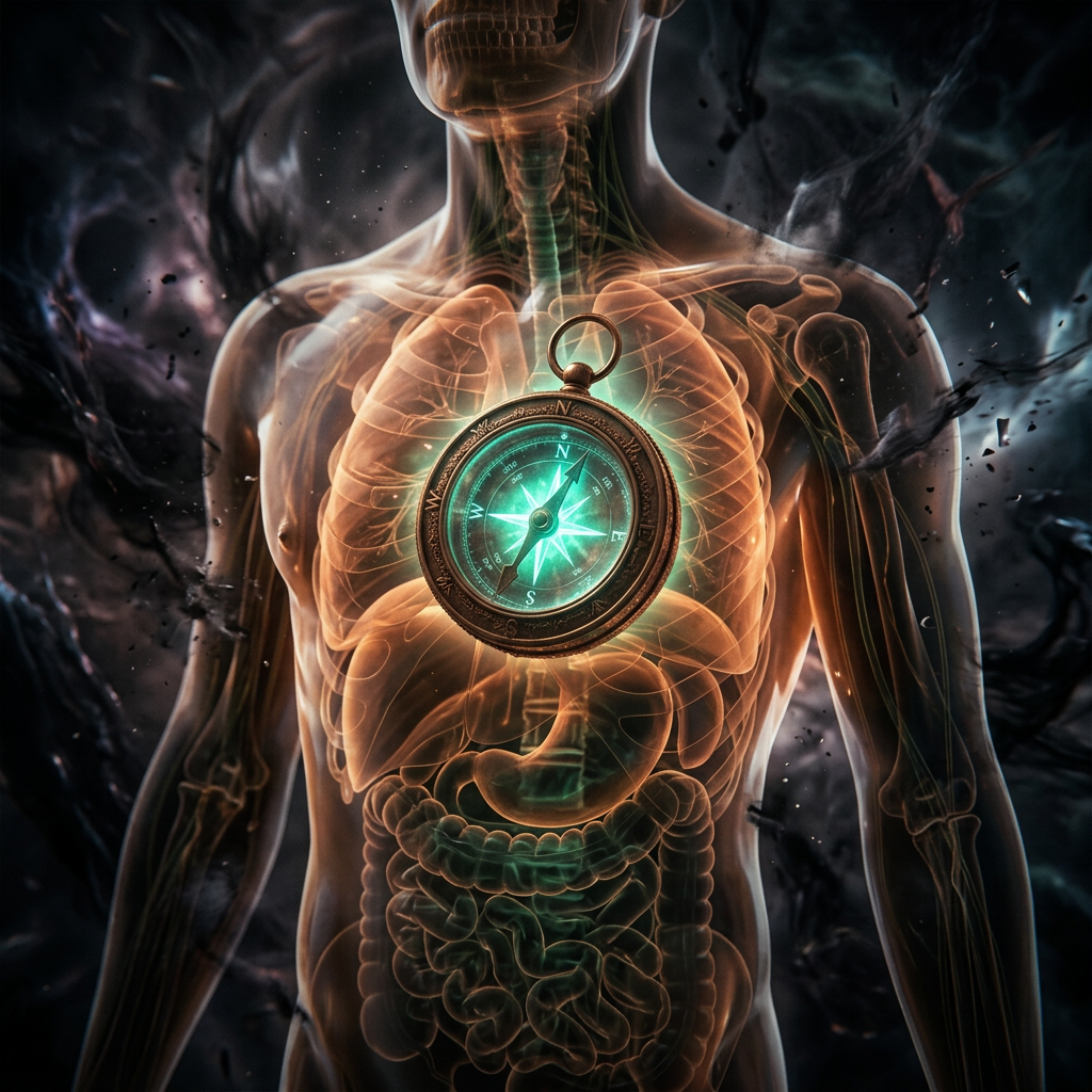 Transparent human torso showing bones and organs with a glowing compass at heart position