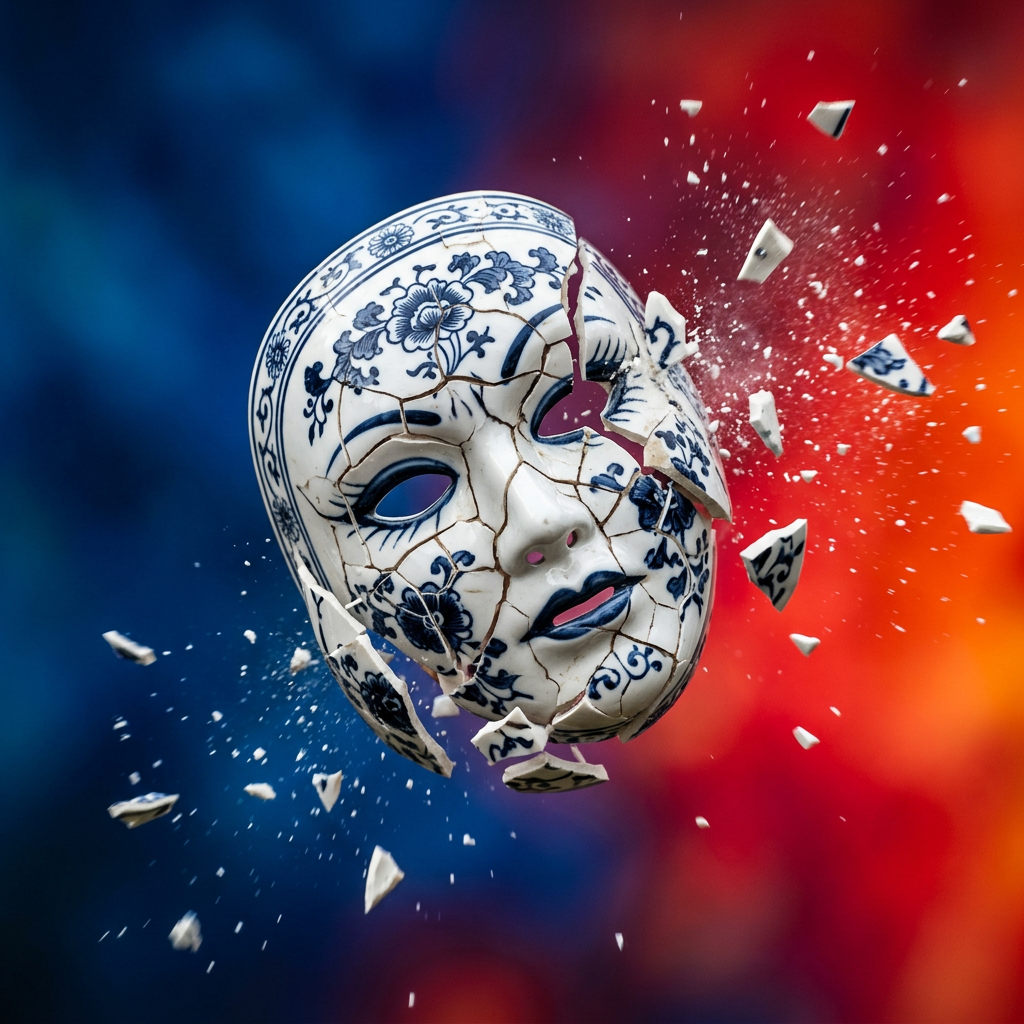 Porcelain mask with blue floral designs breaking into pieces mid-air