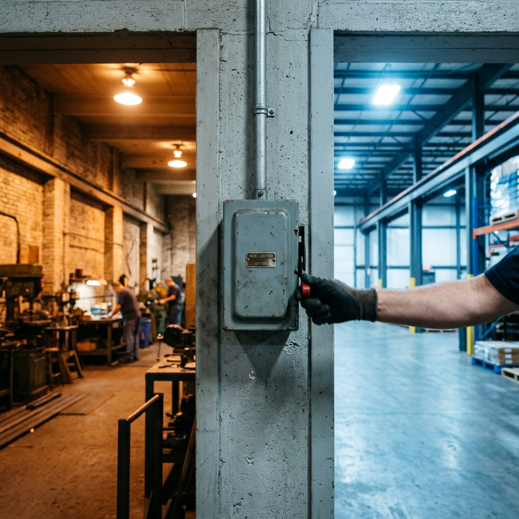 Hand turning industrial power switch on concrete pillar between workshop and warehouse