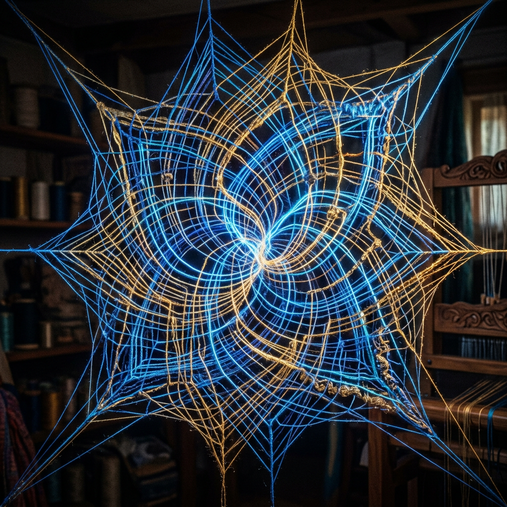 Intricately woven geometric textile art in blue and gold threads.
