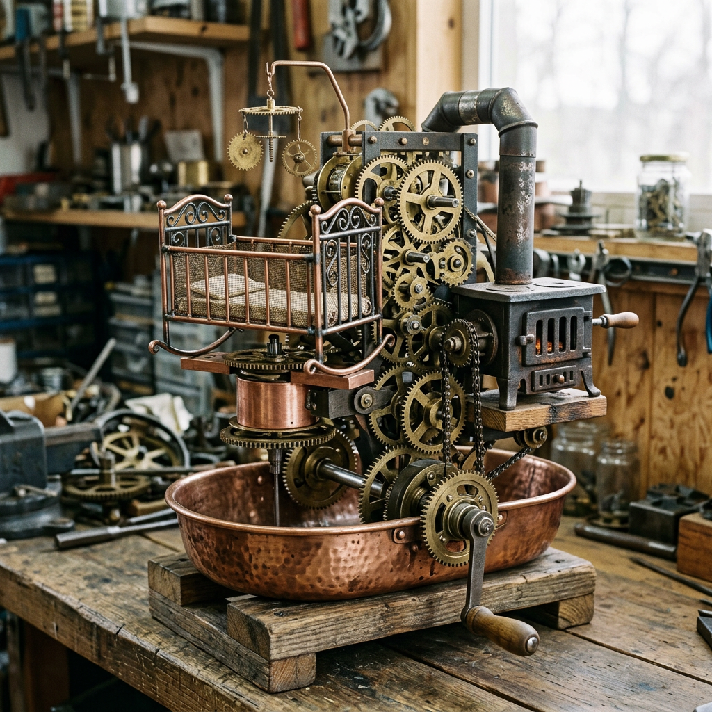 Steampunk mechanical baby cradle with exposed gears and small stove on wooden table