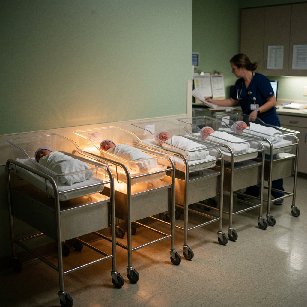 Five newborn babies wrapped in white blankets lying in hospital bassinets with a nurse reviewing documents nearby