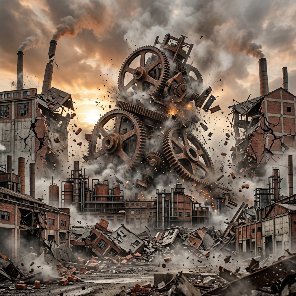 Massive explosion of gigantic gears destroying factory buildings with smoke and debris