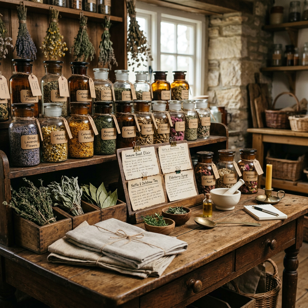 Wooden table with labeled glass jars of dried herbs, a mortar and pestle, and handwritten recipe cards