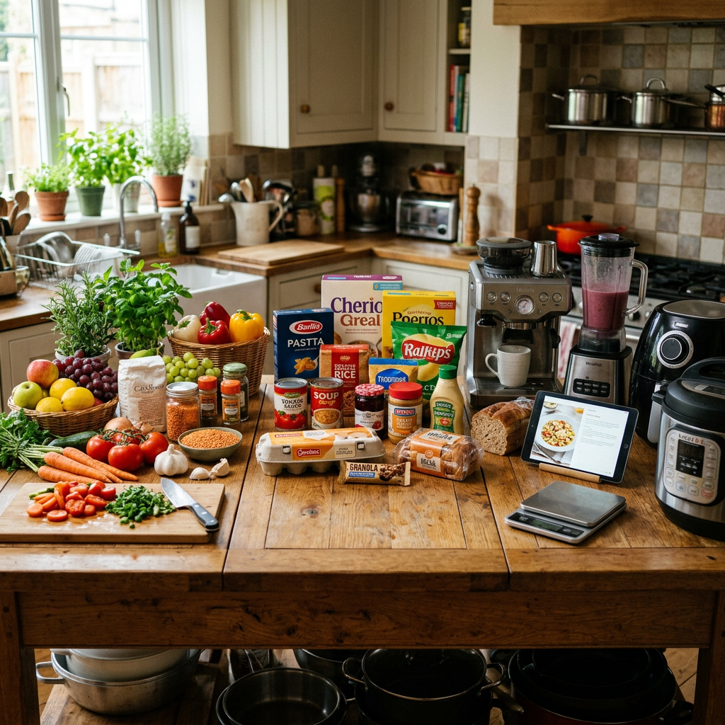 Kitchen counter with fresh vegetables, packaged food, cooking appliances, and recipe on tablet