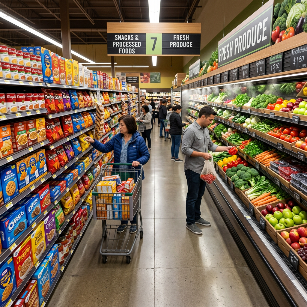 Grocery store aisle with people selecting snacks and fresh vegetables