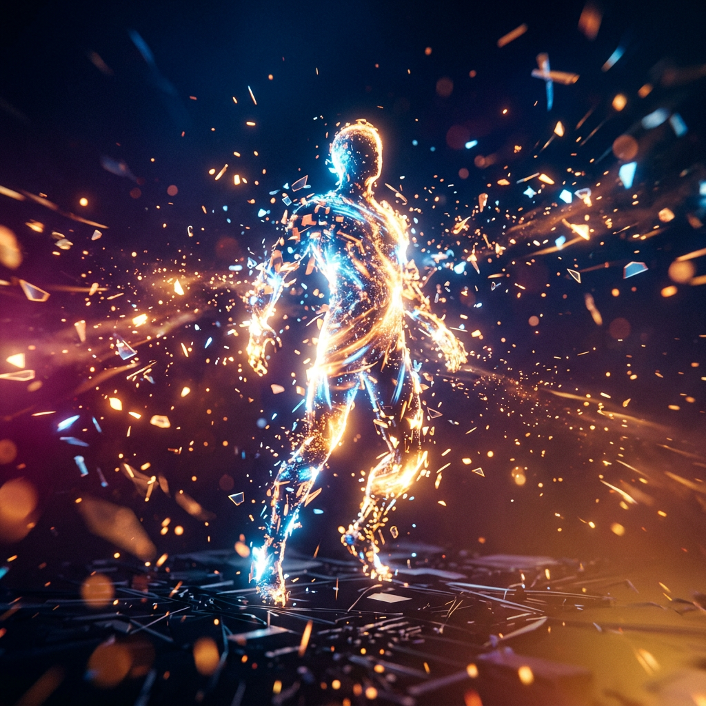 Glowing humanoid figure composed of blue and orange light, emitting sparks and particles.