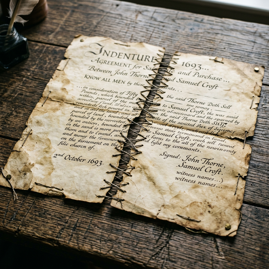 Handwritten land sale indenture agreement dated October 2nd, 1693, stitched and aged