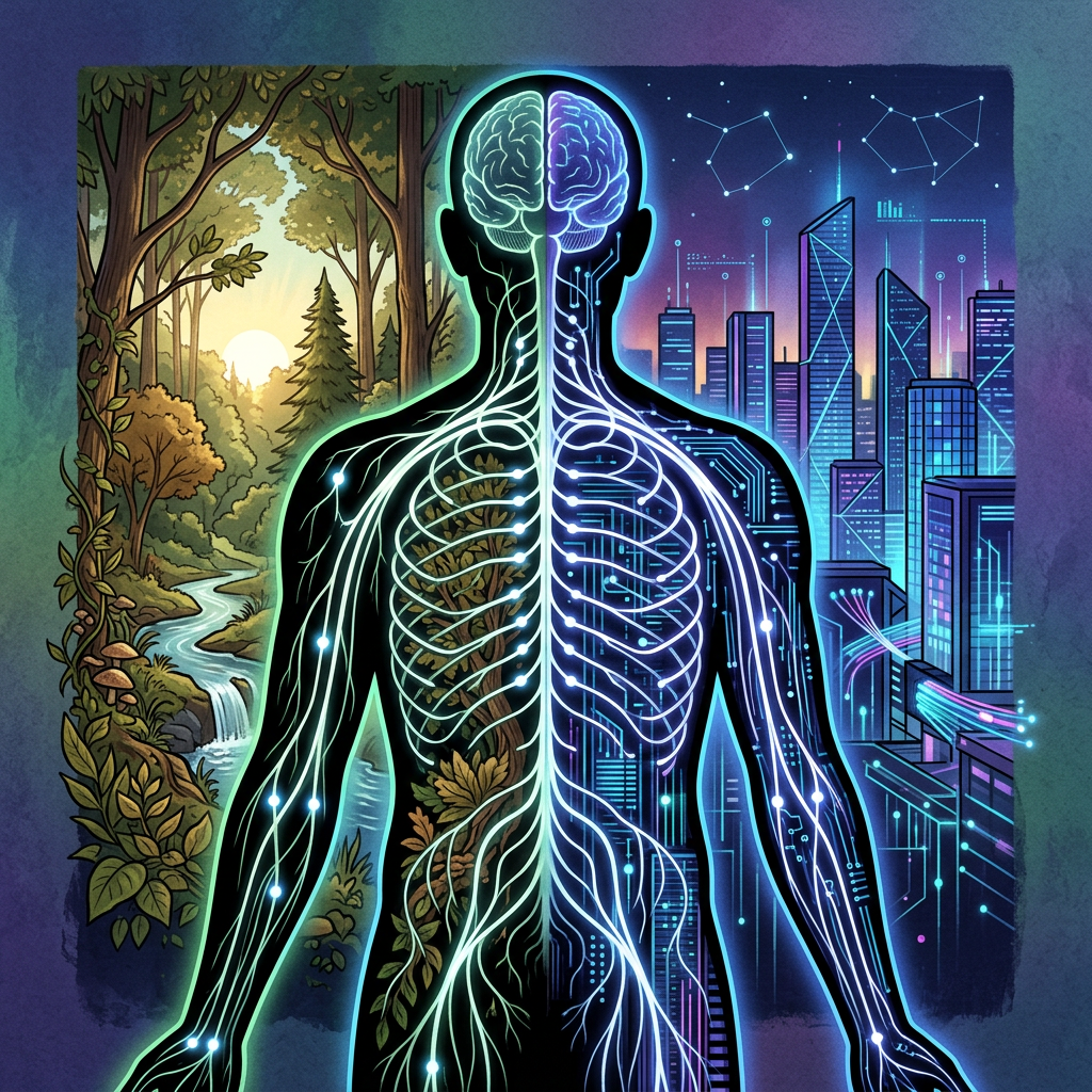 Human figure with nervous system showing natural forest on one side and digital cityscape on the other