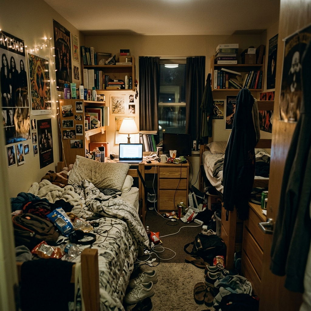 Messy college dorm room with two beds, clutter on floor and desks, and a laptop on a desk