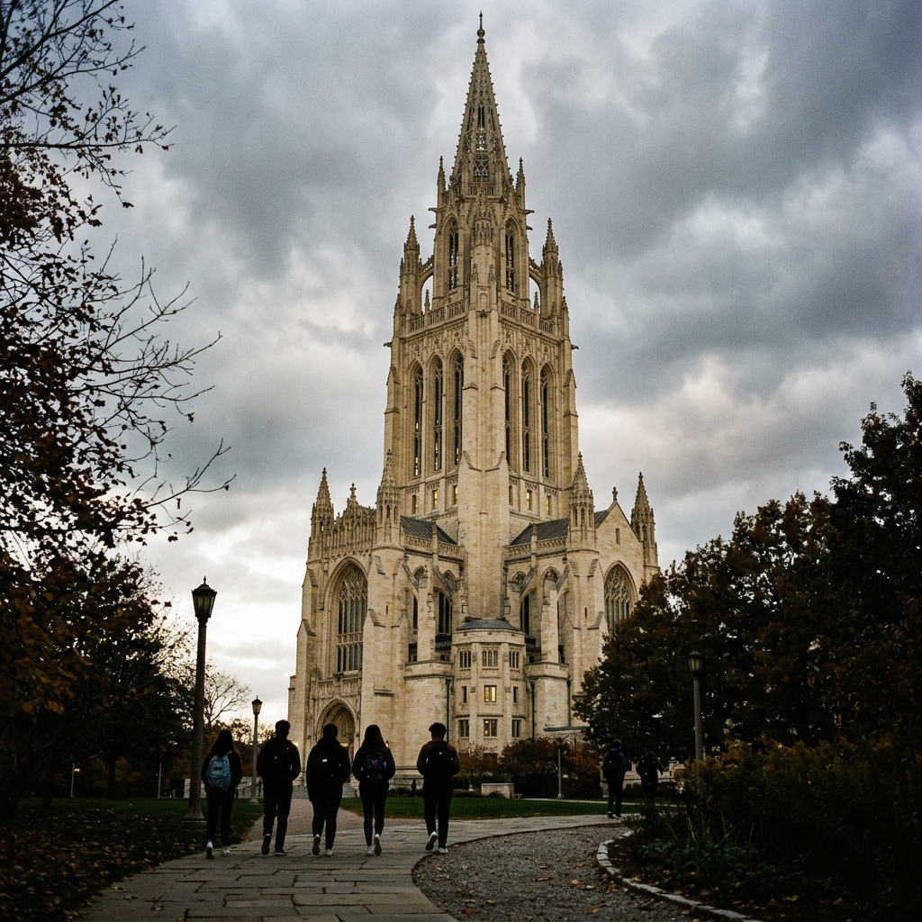 Five students walking on a path toward a tall Gothic chapel with spires and intricate stonework