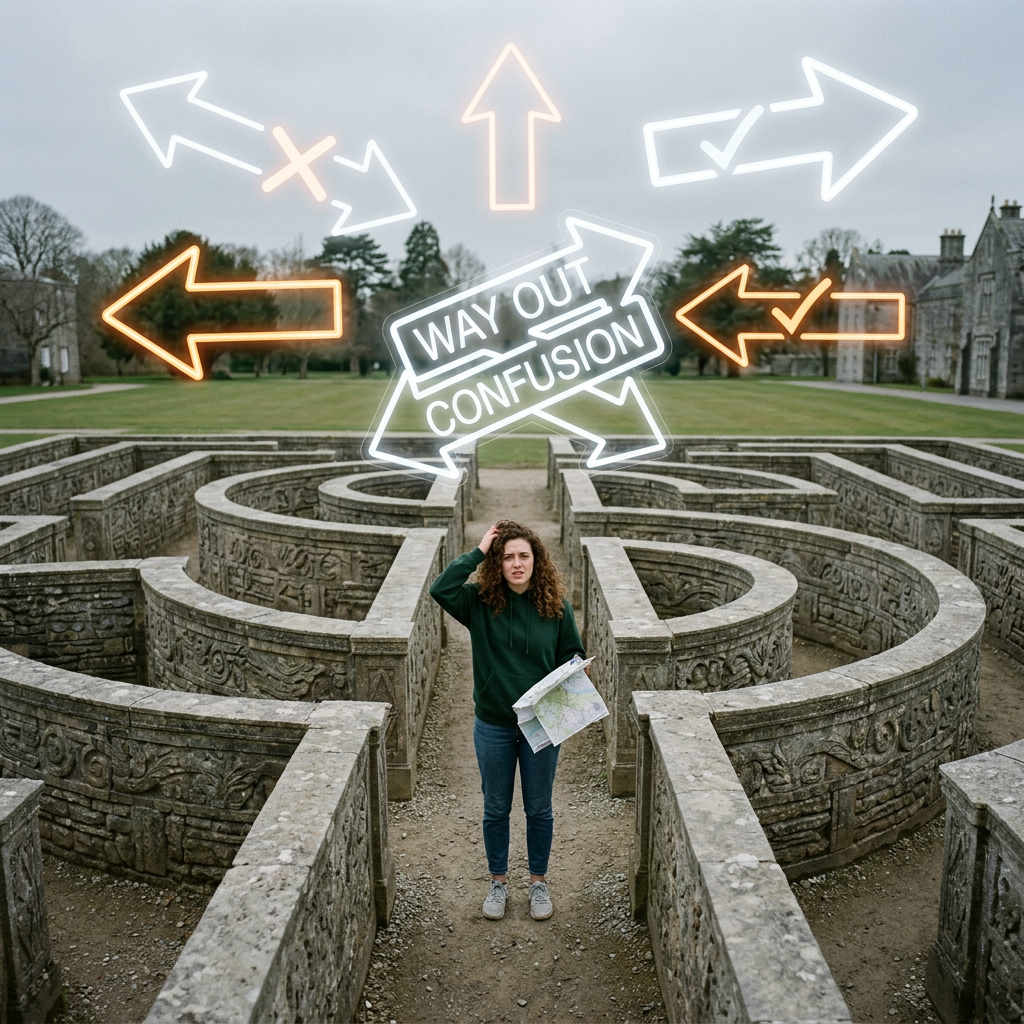 Woman standing in a stone maze holding a map looking confused with neon arrows and signs saying 'Way Out' and 'Confusion' above her