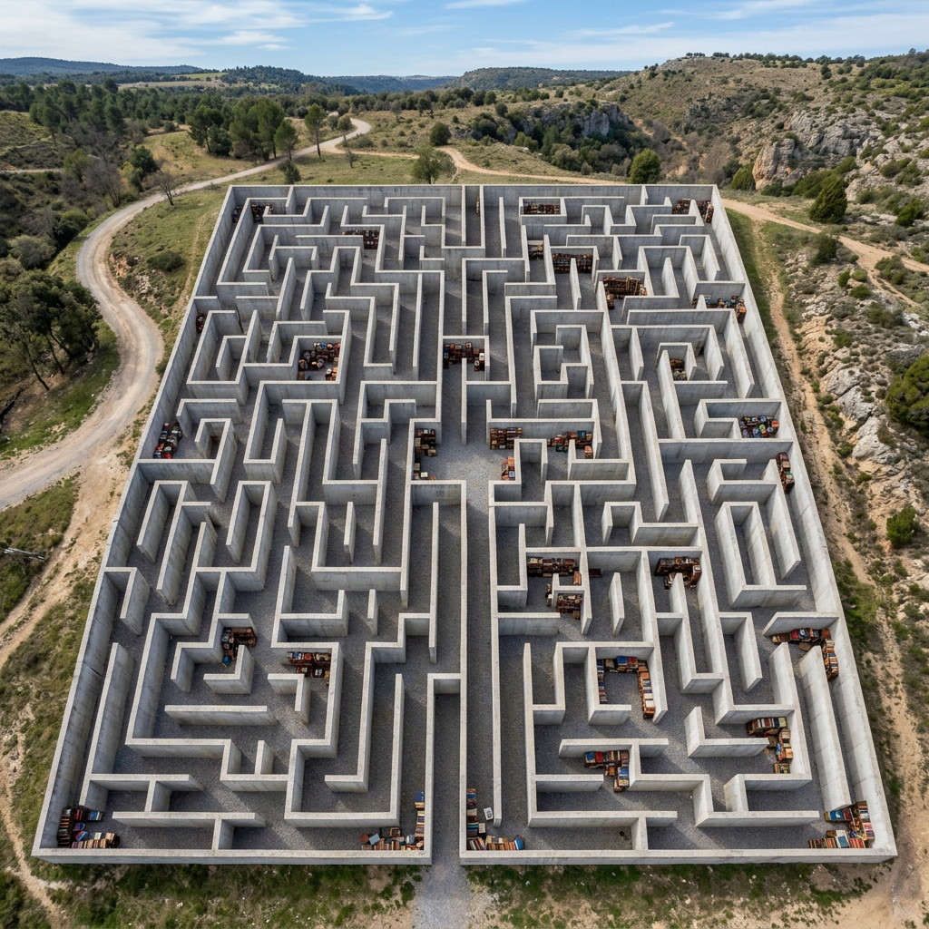 Aerial view of a square concrete maze with numerous corridors and colorful barrels scattered inside